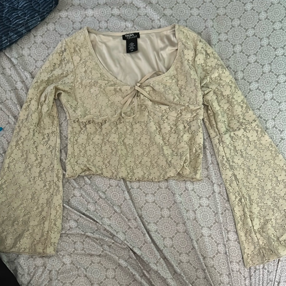 Thorn & Fable Cream Lace Bell Sleeve Crop Blouse